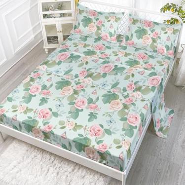 Imagem de Smell Sunshine Jogo de lençol Queen com estampa de flores de borboleta, folhas verdes, 4 peças, para adolescentes, meninos, meninas, com 1 lençol de cima e 1 lençol com elástico + 2 fronhas (flores