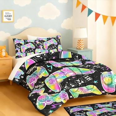 Imagem de yompray Jogo de cama com controle de jogo, macio, leve, fofo, para crianças, adolescentes, jogos, decoração de quarto, tamanho casal, 3 peças (1 edredom + 2 fronhas)