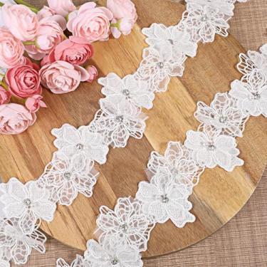 Imagem de Acabamento de renda floral 3D, fita de renda de poliéster bordada com pérolas, acabamento de renda floral com contas de pérolas para decoração artesanal de artesanato de costura DIY