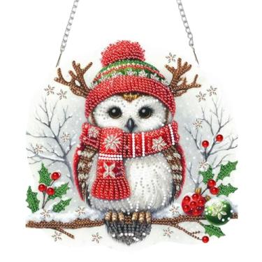 Imagem de SHLUHA Kits de arte de diamante para adultos arte de diamante design de coruja de Natal forma especial pingente acrílico pendurado cristal mosaico casa parede porta janela decoração com corrente