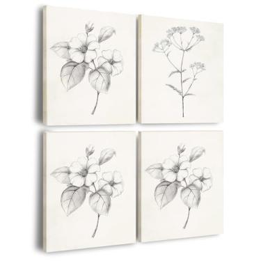 Imagem de 4 peças emolduradas preto e branco vintage floral esboço decoração de parede impressão em tela pintura de parede pôster minimalista galeria quarto sala de estar decoração de escritório 12x16 polegadas