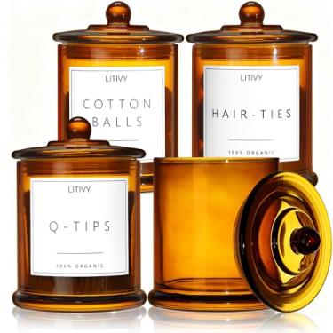 Imagem de LITIVY Pacote com 4 organizadores e armazenamento de banheiro – Suporte Qtip de vidro de 473 ml e dispensador de almofada de algodão com tampa, frascos de boticário para casa, decoração de quarto