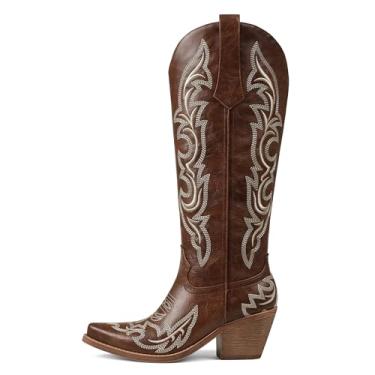 Imagem de Mattiventon Botas de caubói femininas Westen Cowgirl, altura do joelho, com bordado clássico, bico fino, salto grosso para festa de concerto, Marrom, 36
