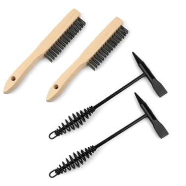 Imagem de Conjunto de 4 martelos de solda e escova de arame – Martelo de 28 cm com alça de mola helicoidal, cone e cinzel vertical e escova de aço inoxidável de 25 cm para escória, respingos e remoção de