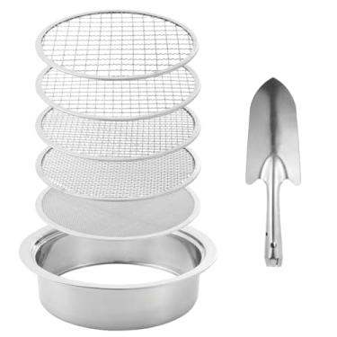 Imagem de RNXRZANK Conjunto de Peneira de Solo com Malhas Intercambiáveis, Ferramenta para Jardim, Peneira para Vasos, Terra Vegetal, Pedras, Areia, Pá de prata de 5 malhas, Tamanho real