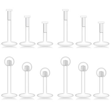 Imagem de Lcolyoli Brincos transparentes de 16 g para esportes, retentores de piercing de pressão transparentes de topo plano, bioflex, retentor de labret para mulheres e homens, comprimento da barra: 6 mm/8 mm
