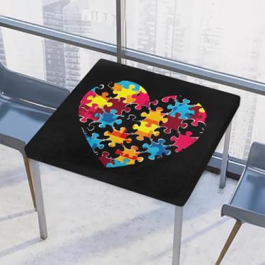 Imagem de hongjinglin Toalha de mesa quadrada para uso ao ar livre com borda elástica justa toalha de mesa quadrada com autismo colorida para decoração de cozinha para mesas de 86 x 86 cm