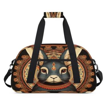 Imagem de Bolsa esportiva com mandala, animal, coelho, retrô, tamanho grande, impermeável, durável, dobrável, bolsa de festa do pijama, bolsa de treino para dança, balé, academia, ginástica, bolsa de viagem
