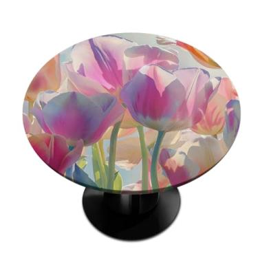 Imagem de hongjinglin Toalha de mesa redonda com borda elástica flor de vidro girassol retrosmall toalha de mesa redonda limpa para decoração de cozinha para mesas de 91 a 106 cm