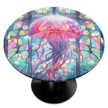 Imagem de hongjinglin Toalha de mesa redonda com borda elástica, vidro de água-viva, colorido, toalha de mesa redonda limpa para decoração de cozinha de 114 a 142 cm