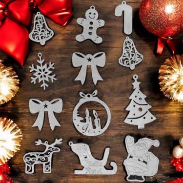 Imagem de Decoração de Natal Premium, Kit com 12 Enfeites em MDF 3mm Prateados, Ornamentos Natalinos Personalizados com Desenhos, Rena, Anjo e Flocos de Neve