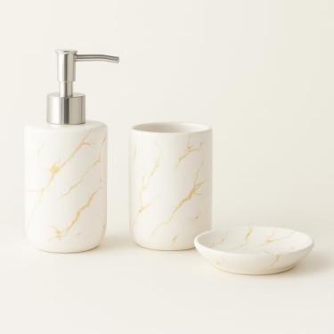 Imagem de Kit banheiro acessórios pia, com 3 Peças, dispenser sabonete líquido, porta escova e saboneteira, porta sabão liquido, dispenser sabao banheiro