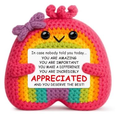 Imagem de Hweijm Mini presente positivo de arco-íris de crochê para incentivo à apreciação, presente feito à mão para professor, colega de trabalho, amiga enfermeira, decoração de mesa de agradecimento