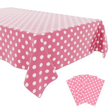 Imagem de OLIVBIN Pacote com 4 toalhas de mesa de bolinhas rosa, rosa e brancas, capa de mesa retangular de plástico descartável, adequada para mesas retangulares (137 x 272 cm)
