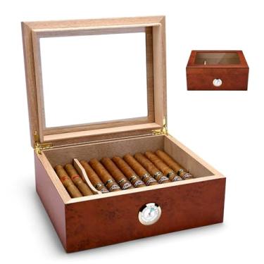 Imagem de HGTRH Humidor, caixa de armazenamento de charutos de madeira de cedro espanhol com higrômetro e umidificador superior de vidro divisor de madeira de cedro