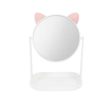 Imagem de Espelho de Mesa com Orelhas de Gato Porta Objetos Integrado Cor Rosa e Branco Design Moderno para Penteadeira Para Maquiagem Porta Joias Pent