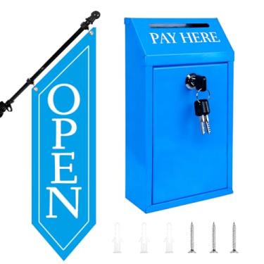 Imagem de Caixa de dinheiro de metal com chave SAFELocking – Cofre de coleção de dinheiro de 25,9 x 14,5 x 7,1 cm para suporte de fazenda ou varejo – Kit de bandeira aberta com mastro e suporte, placa aberta de