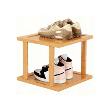 Imagem de SPXMQSS Sapateira de bambu, sapateira vertical para pequenos espaços, sapateiras independentes para armário, entrada, canto, garagem e quarto, empilhável gratuitamente, 2 níveis 25 x 23 x 20 cm