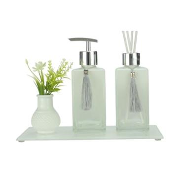 Imagem de Kit Frascos Square 250ml para Aromatizador e Sabonete – Vidro Luxo com Bandeja, Varetas e Cordões Decorativos(Branco Degradê)