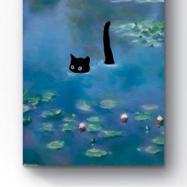 Imagem de Quadro Canvas Gato Preto em Nenúfares, Arte Impressionista em Tela, 90x60 cm, Montado em Chassi de Madeira, Estilo Moderno
