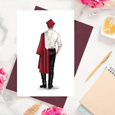 Imagem de 1 cartão elegante de formatura | Design comemorativo de graduação em boné vermelho e vestido branco | Perfeito para a família (1 peça)