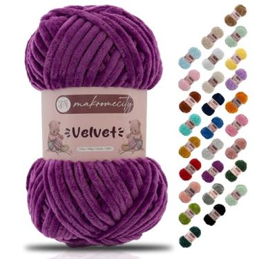 Imagem de Makromecity Fio de veludo 100 g (3,5 oz) / 120 m (132 jardas) fio de chenille premium 100% poliéster, ultra macio, antibolinhas, lavável na máquina, 30 cores para tricô e crochê (roxo, 1 novelo)