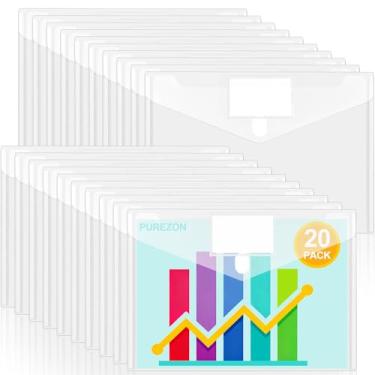 Imagem de PUREZON Pacote com 20 envelopes de plástico, pastas de arquivo transparentes com bolso para etiquetas, pastas de documentos transparentes tamanho A4, fecho de gancho e laço, tamanho carta A4 para