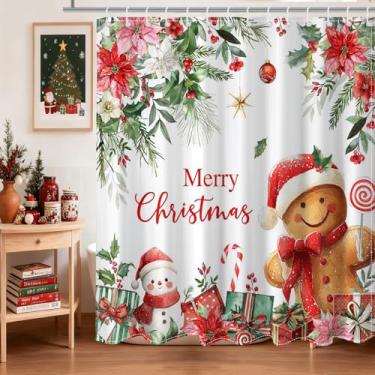 Imagem de Lindameler Cortina de Chuveiro de Natal, Poinsétias, Homem de Gengibre, Boneco de Neve, 183 x 183 cm, Vermelha, Branca e Verde, À Prova D'água, Lavável na Máquina, Decoração de Banheiro de Natal