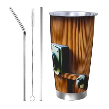 Imagem de Zeraoke Porta de madeira e impressão de fechadura 590 ml caneca de aço inoxidável com tampa de palha, caneca de palha de carro, mantém as bebidas frias para escritório, casa, funciona muito bem para