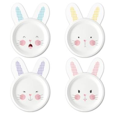 Imagem de FYSUIMU 40 peças de pratos de papel de Páscoa, prato descartável, fofo pastel, xadrez, coelho, coelho, prato de jantar para decoração de mesa de chá de bebê, 4 designs