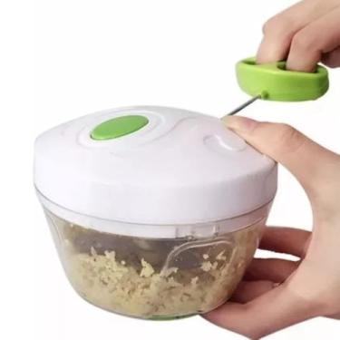 Imagem de Mini Processador Manual de Alimentos, Verde e Branco, Plástico e Inox, 3 Lâminas, 12,5 cm Diâmetro, Para Picar Alho, Cebola, Legumes e Frutas