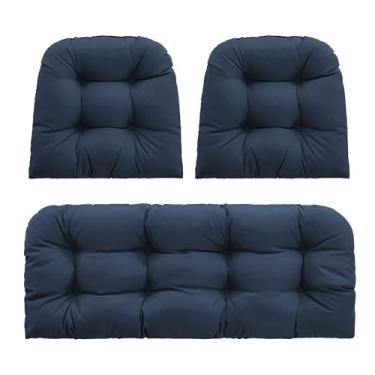 Imagem de PNP HWJIAJU Almofadas de vime para cadeira de 3 peças, almofadas impermeáveis para sofá para móveis de pátio, almofadas de vime, 104 x 48 cm, azul escuro
