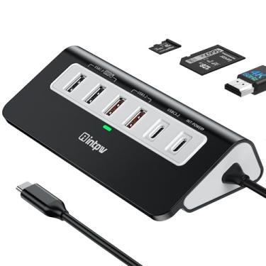 Imagem de intpw Hub USB C de 10 Gbps, estação de ancoragem USB C 9 em 1 com HDMI 4K @60Hz, tipo-C e 2 Tipo-A 3.2, 2 USB-A 2.0, PD 100W, porta SD/TF, hub USB de alumínio preto para laptop, iPhone 16/15, MacBook