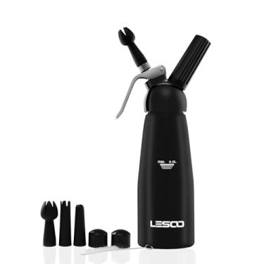 Imagem de Dispensador de chantilly profissional de alumínio para chantilly com 5 bicos decorativos e escova de limpeza – É necessário usar carregadores N2O (não incluídos) (preto, 500 ml/1 litro)