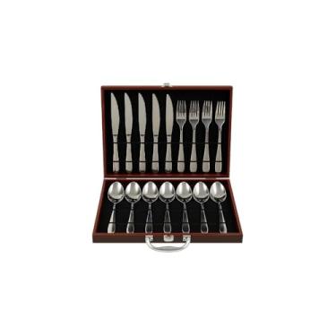 Imagem de Conjunto de Talheres 24 Peças em Aço Inoxidável com Maleta Marrom, Acabamento Espelhado, 6 Colheres Mesa, 6 Garfos, 6 Facas, 6 Colheres Sobremesa
