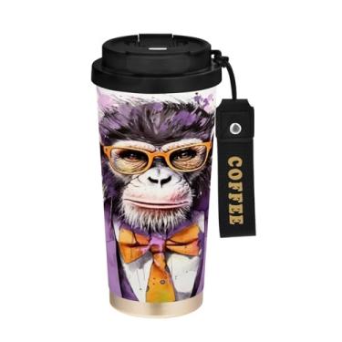Imagem de YETTASBIN Caneca de café Monkey com isolamento térmico de 482 g com tampa canudo, copo à prova de derramamento e vazamento com alça para bebida quente e fria, garrafa de água de aço inoxidável