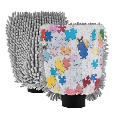 Imagem de STAYTOP Luvas de lavagem de carro com impressão de quebra-cabeça colorido, 2 peças, luvas de microfibra de chenille, sem arranhões, panos de esponja de lavagem ultra absorventes para carros, limpeza