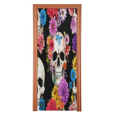 Imagem de Qilmy Decoração de capa de porta 91 x 248 cm tecido grande placa de decoração de festa de Halloween para porta da frente Halloween crânio varanda decoração externa janela parede 742