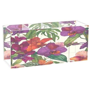 Imagem de Burbuja Porta-canetas de acrílico com flores exóticas orquídeas, 4 compartimentos, suporte de lápis transparente para pincéis de maquiagem, acessórios de mesa de escritório em casa