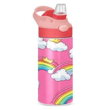 Imagem de xigua Garrafa de água infantil Cartoon Rainbows com canudo – Copo de aço inoxidável à prova de vazamento de 340 g para esportes, creche