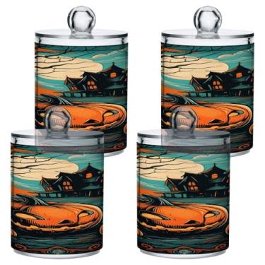 Imagem de STAYTOP 4 frascos de boticário com dispensador Qtip para banheiro com etiquetas – Recipiente de armazenamento Qtip de plástico transparente para bola de algodão, cotonete, grão de café - castelo de