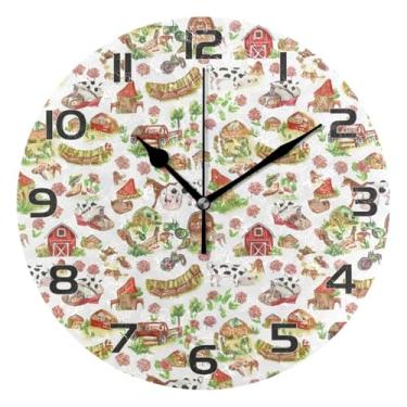 Imagem de YETTASBIN Relógio de parede com elementos de fazenda, silencioso, sem tique-taque, operado por bateria, relógio redondo decorativo criativo para cozinha, sala de estar, banheiro, decoração de