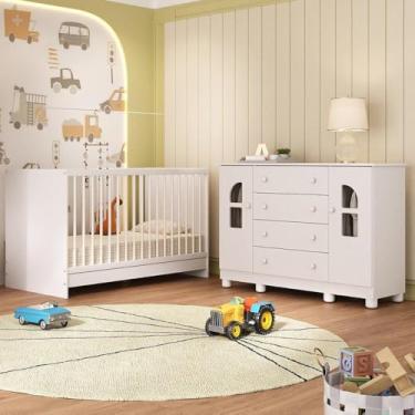 Imagem de Berço 3 em 1 para Colchão 130x60cm com Cômoda 2 Portas 4 Gavetas Nina Multimóveis Mp4764 Branco