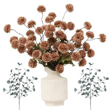 Imagem de DuHouse Flores artificiais para vaso Kiku 8 hastes e 2 eucaliptos, hastes de flores falsas para buquês de casamento faça você mesmo, centro de mesa, decoração de cozinha