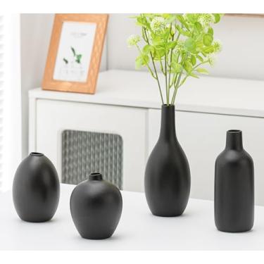 Imagem de Conjunto de 4 vasos de flores de cerâmica preta, vasos decorativos modernos para estante de livros, mesa de console de café para sala de jantar, mesa de centro de mesa