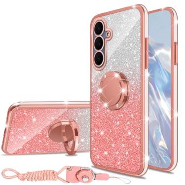 Imagem de nancheng Capa de telefone com glitter para Samsung Galaxy S25 FE capa de silicone macio com alça de suporte de anel capa de proteção à prova de choque para meninas e mulheres - rosa