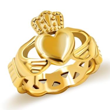 Imagem de Uloveido Aliança de casamento de aço inoxidável banhada a ouro com coração irlandês Claddagh amor lealdade celta anéis de casamento, Size 9-Dia 18.9, Metal, Sem pedra preciosa