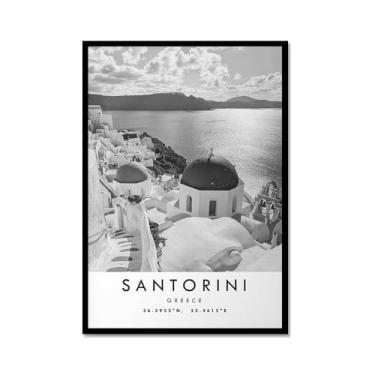 Imagem de Pôster de viagem preto e branco impressão de paisagem da cidade do mundo pintura em tela Santorini Wall Art Picture Home Decor (8 x 12 polegadas (20 x 30 cm), moldura de metal)