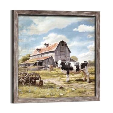 Imagem de Arte de parede de madeira de celeiro de fazenda: imagem com estampa de animais de fazenda rústica pintura de vaca paisagem de país decoração de arte para banheiro, sala de estar, cozinha, 30,5 x 30,5
