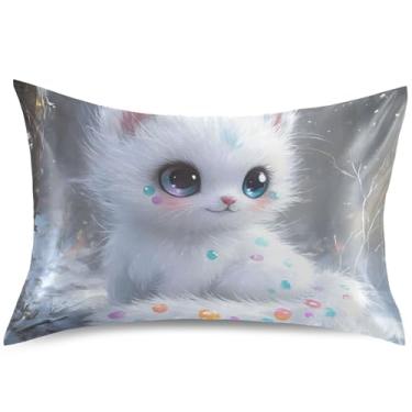 Imagem de Capas de almofada de cetim com estampa de gatinho fofo para resfriamento de cabelo, capa de almofada estética padrão king queen decoração de cama, tamanho padrão, 66 cm x 50 cm